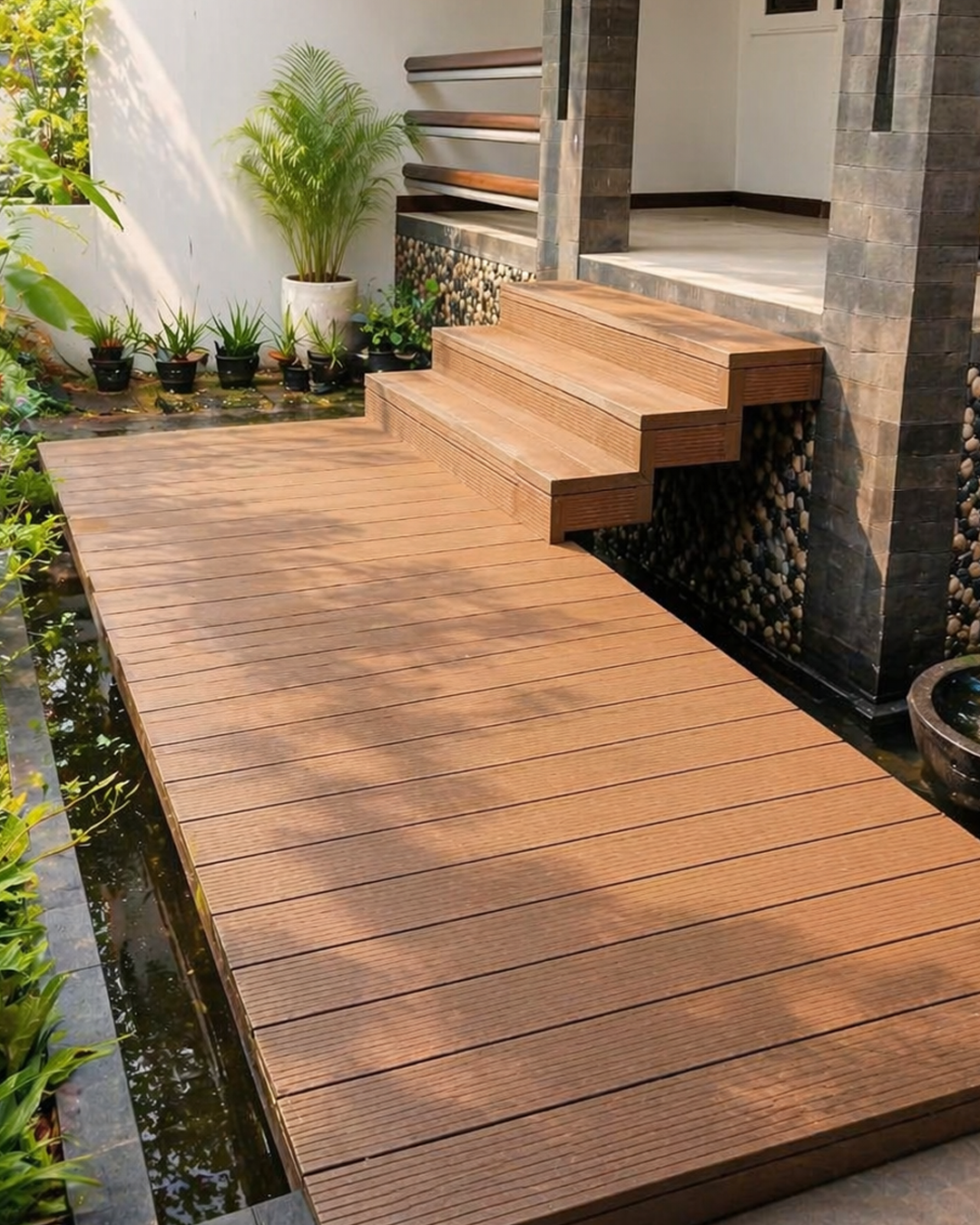 Modern Porch with Tropical Landscaping — WPC Decking